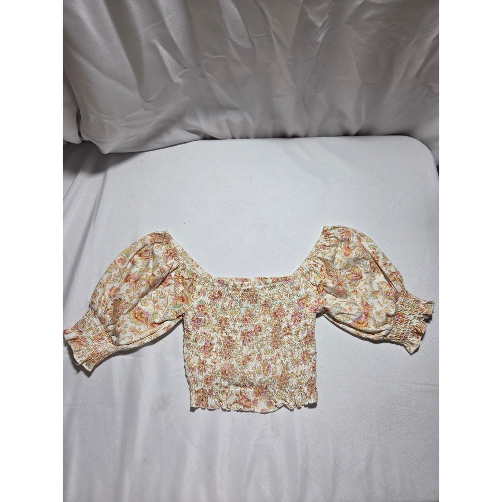 Billabong Floral Smocked Crop Top Puff Sleeve Boho Square Neck Orange Pink M
